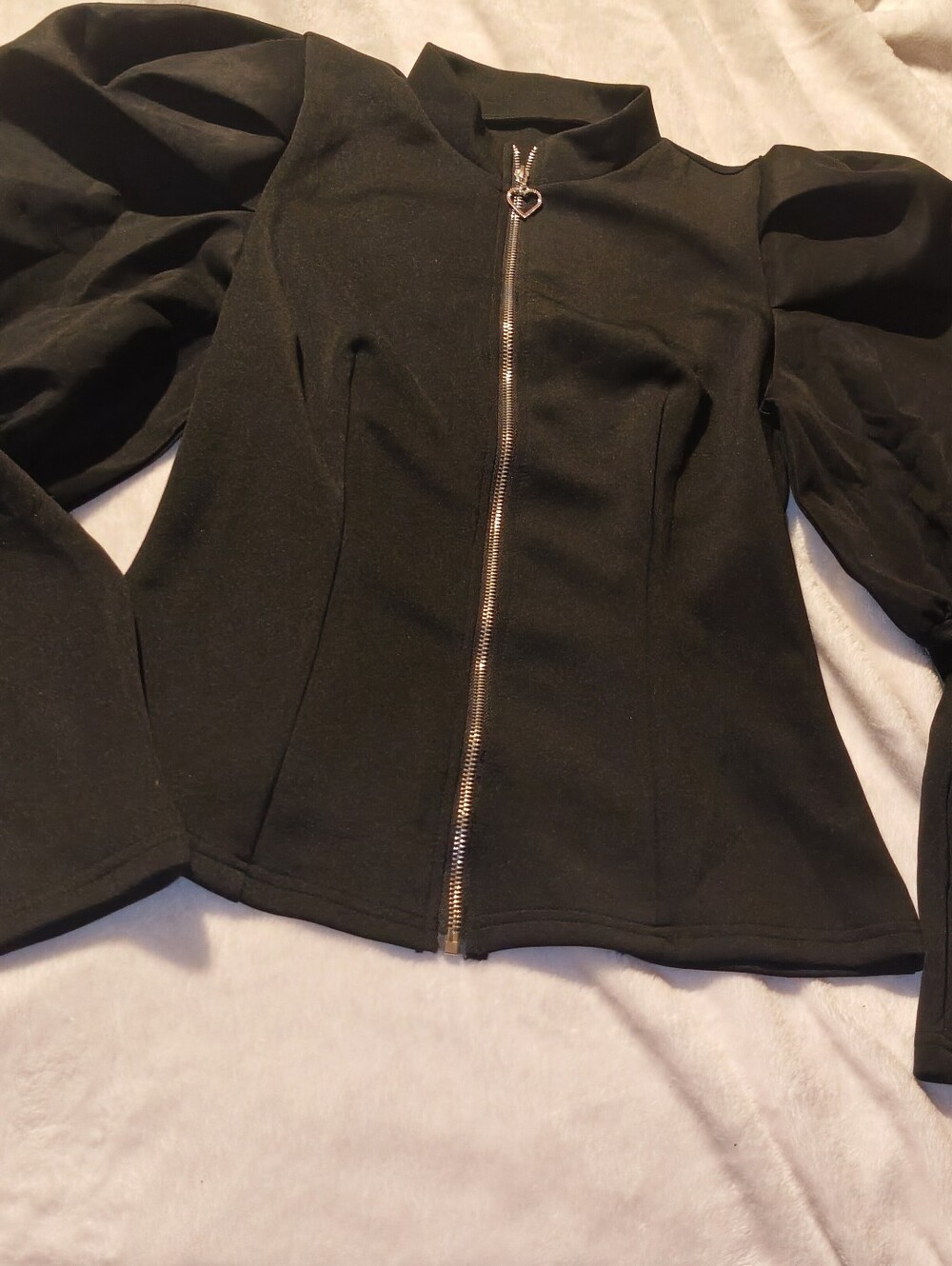 Black Puff Sleeve Zip-Front Women's Jacket